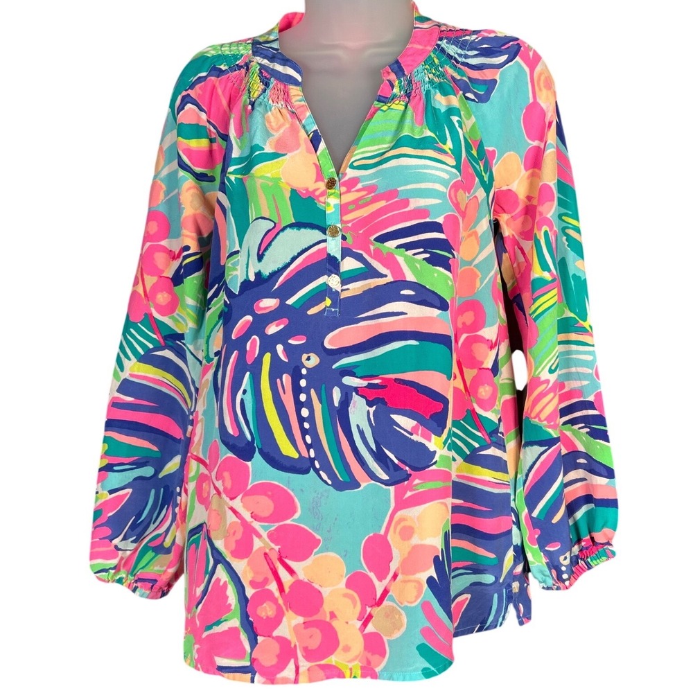 Lilly Pulitzer Elsa Silk Top Tropical Palm Leaf Print Pink Blue XS Preppy Luxe